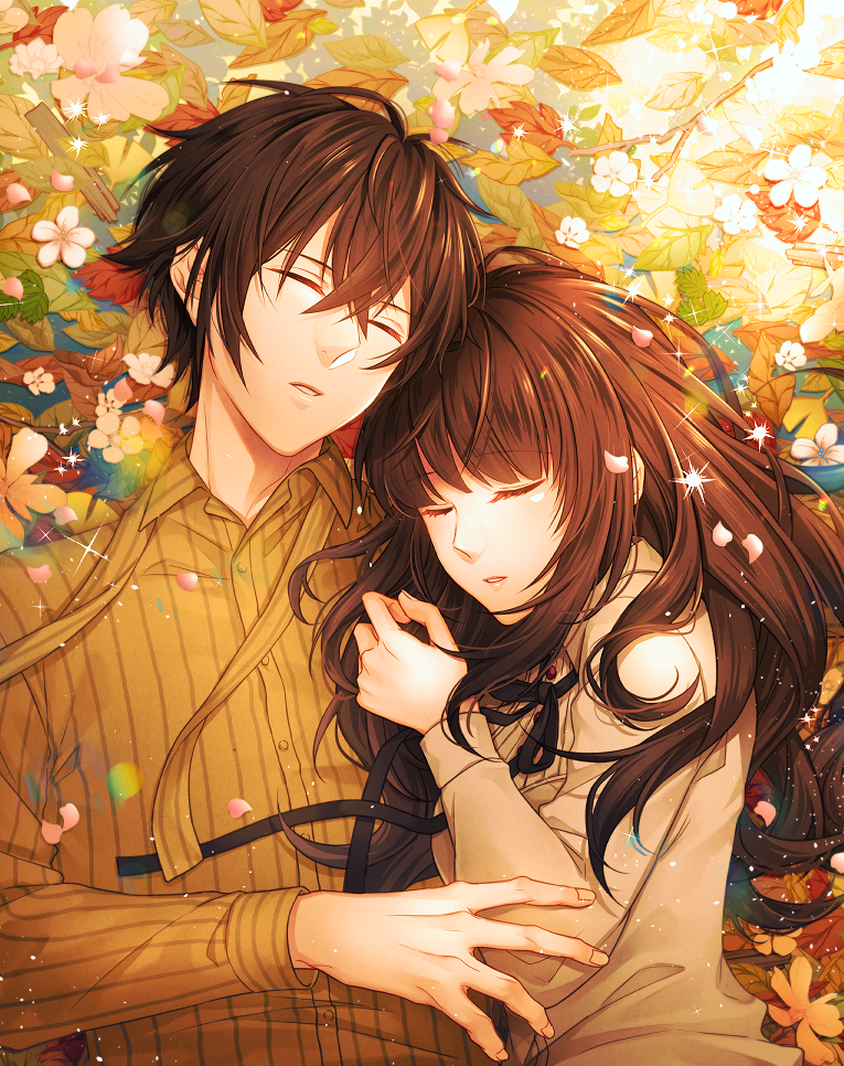 1boy, 1girl, ariake_aria, arsene_lupin_(code:realize), brown_hair, brown_shirt, cardia_beckford, closed_eyes