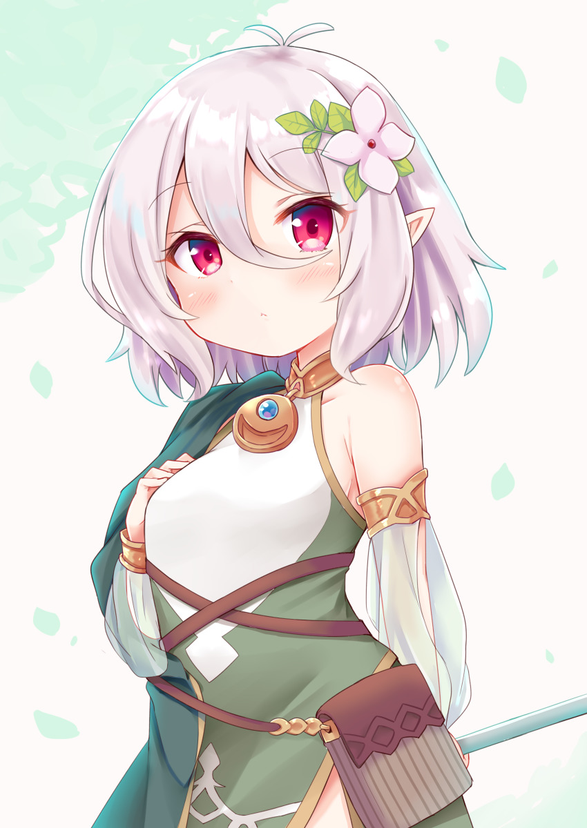 1girl, absurdres, antenna_hair, arm_behind_back, blush, closed_mouth, detached_sleeves, falling_leaves