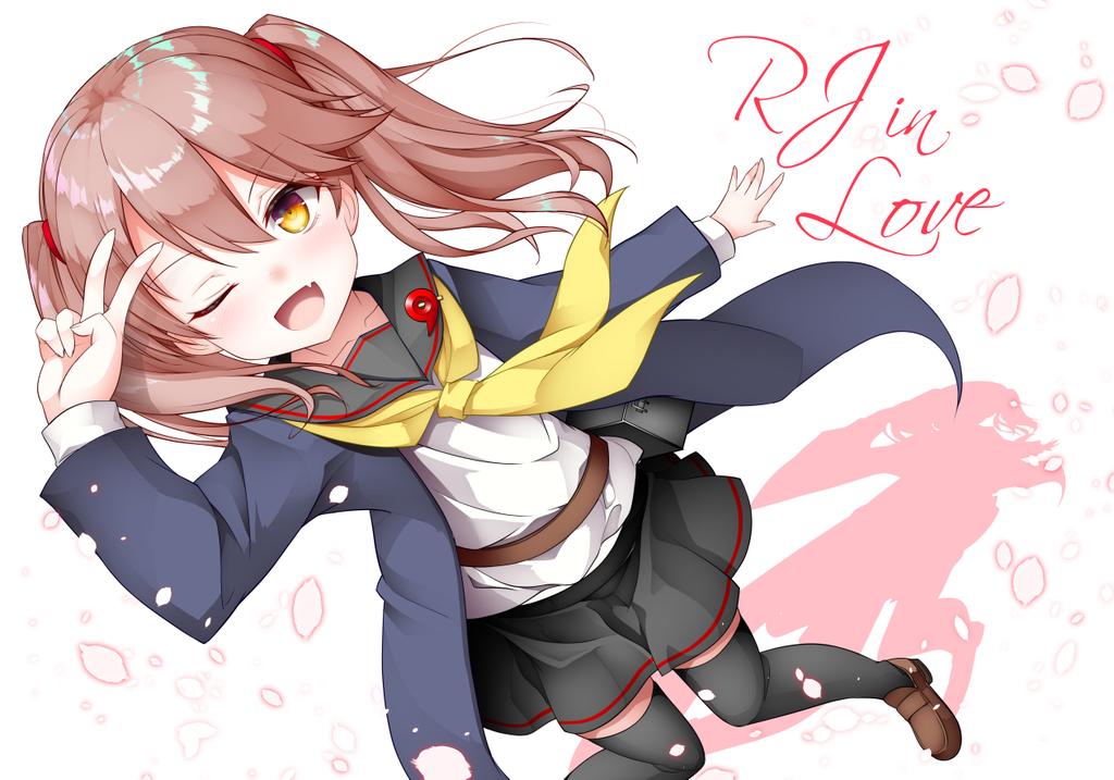 1girl, ;d, arm_up, armband, bad_id, bad_twitter_id, black_sailor_collar, black_skirt