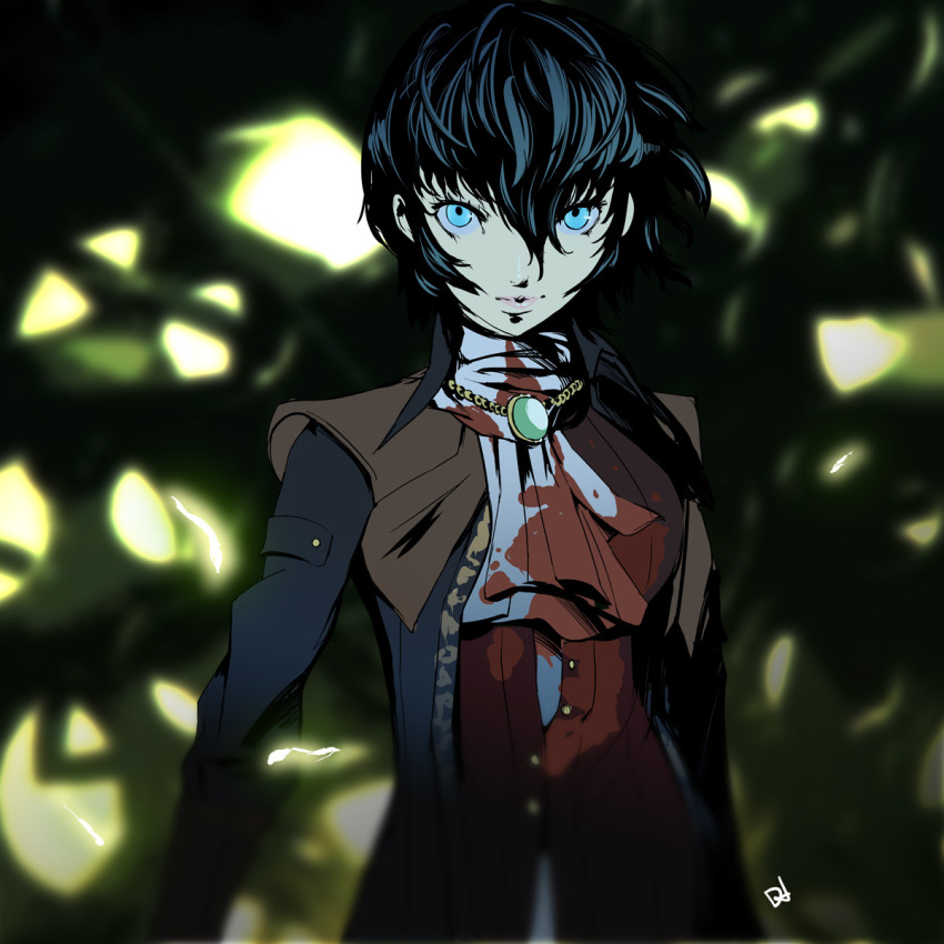 1girl, alternate_costume, ascot, blood, blood_on_clothes, bloodborne, blue_eyes, blue_hair