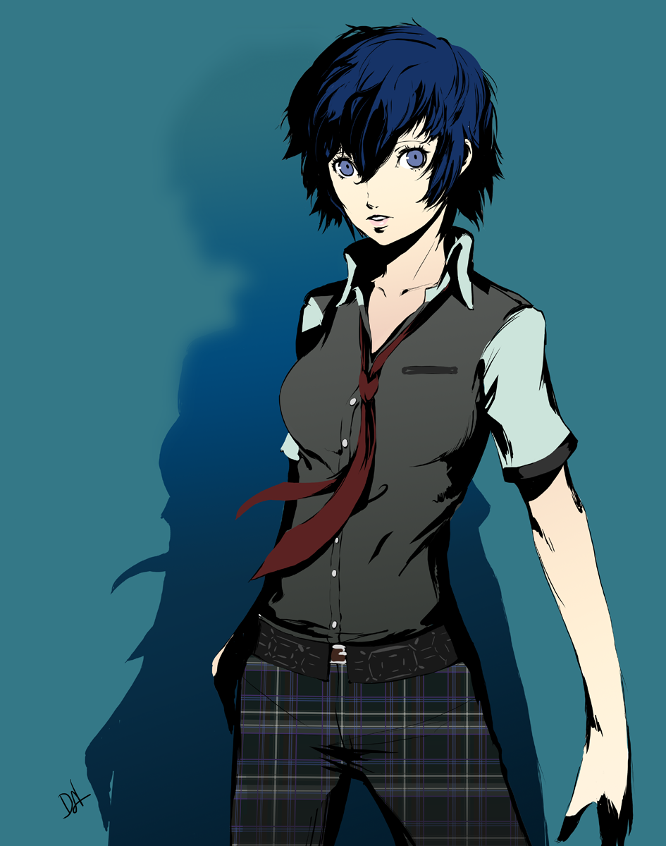 1girl, alternate_costume, belt, blue_background, blue_eyes, blue_hair, breasts, commentary_request