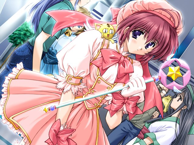 1boy, 4girls, baton, bell, card_master_peach, cardcaptor_sakura, comic_party, cosplay