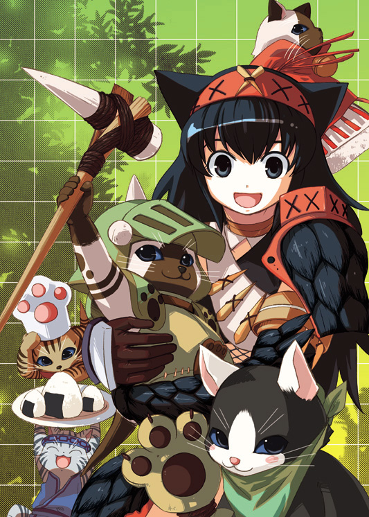 1girl, :d, animal_ears, armor, aro_s, bell, capcom, cat, chef_hat, felyne, food, hat, melynx, monster_hunter_(series), nargacuga_(armor), nekoht, onigiri, open_mouth, shimakusa_arou, smile