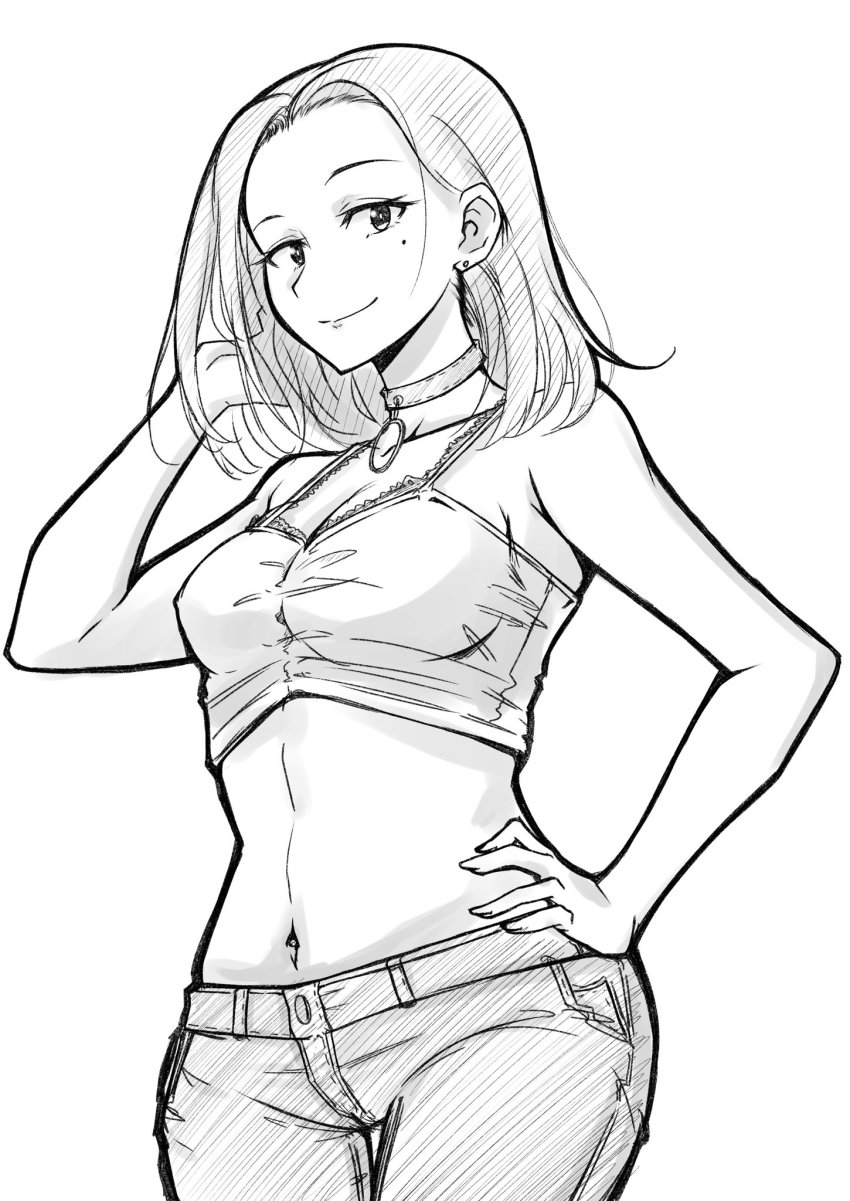 1girl, bad_id, bad_twitter_id, belt, breasts, camisole, choker, closed_mouth, commentary_request, cowboy_shot, female_focus, greyscale, hand_in_own_hair, hand_on_own_hip, hand_up, highres, hitomi_(watamote), looking_at_viewer, medium_breasts, medium_hair, midriff, mole, mole_under_eye, monochrome, navel, osumoto1, pants, simple_background, smile, solo, standing, watashi_ga_motenai_no_wa_dou_kangaetemo_omaera_ga_warui!, white_background