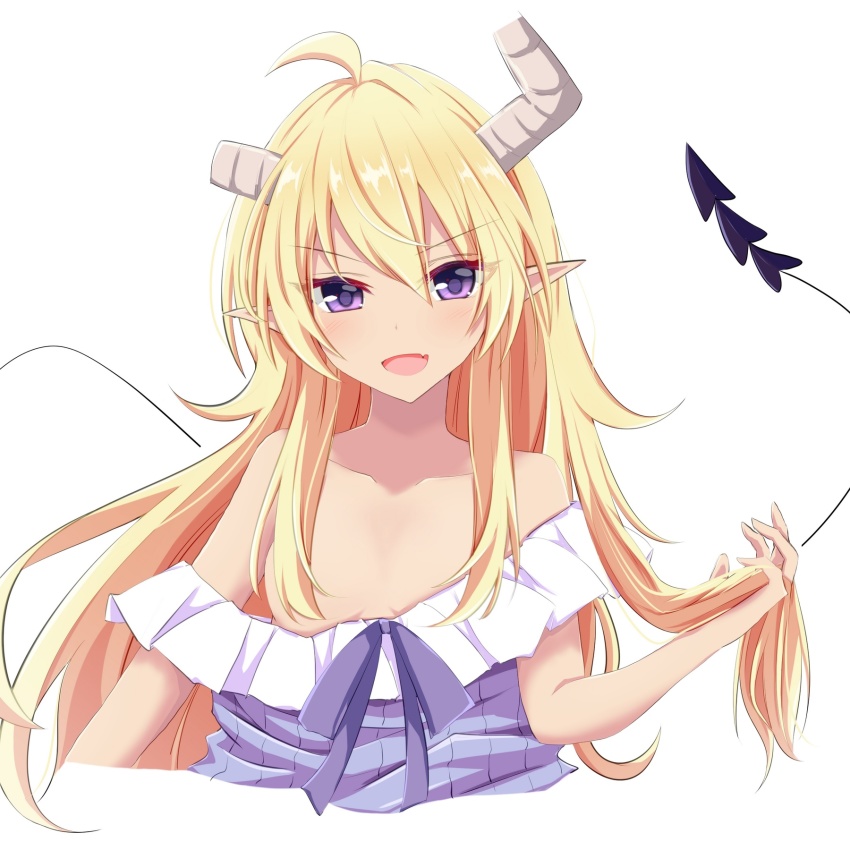 ahoge, broken_horn, demon_girl, demon_horns, demon_tail, fang, hair_over_breasts, highres