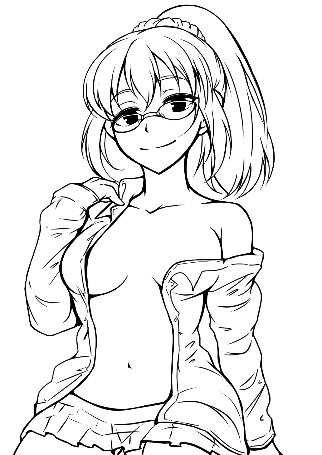 1girl, arm_up, bad_id, bad_twitter_id, breasts, commentary_request, cowboy_shot, female_focus