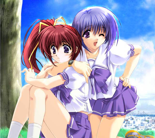 2girls, bow, comic_party, cosplay, crossover, haga_reiko, hayase_mitsuki, hayase_mitsuki_(cosplay), kimi_ga_nozomu_eien, multiple_girls, purple_hair, school_uniform, serafuku, suzumiya_haruka, suzumiya_haruka_(cosplay), takase_mizuki, third-party_edit, yellow_bow