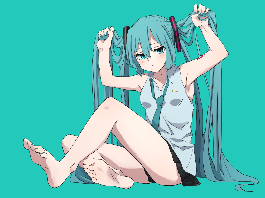 1girl, absurdres, aqua_eyes, aqua_hair, aqua_necktie, armpits, arms_up, barefoot