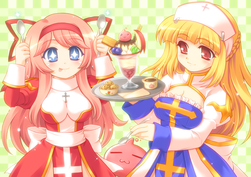 +_+, 2girls, :p, arch_bishop_(ragnarok_online), archbishop_(ro), bad_id, bad_pixiv_id, blonde_hair, blue_eyes, cross, food, half_updo, high_priest_(ragnarok_online), ice_cream, long_hair, mini_koala, multiple_girls, parfait, pink_hair, poring, ragnarok_online, red_eyes, spoon, tongue, tongue_out