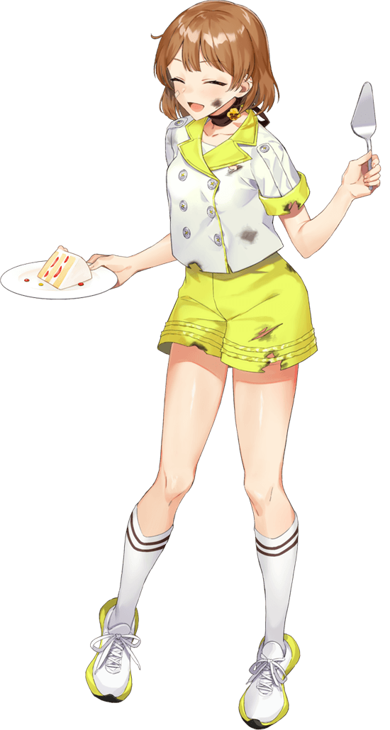 1girl, alternate_costume, bad_id, bad_twitter_id, blush, brown_eyes, buttons, cake