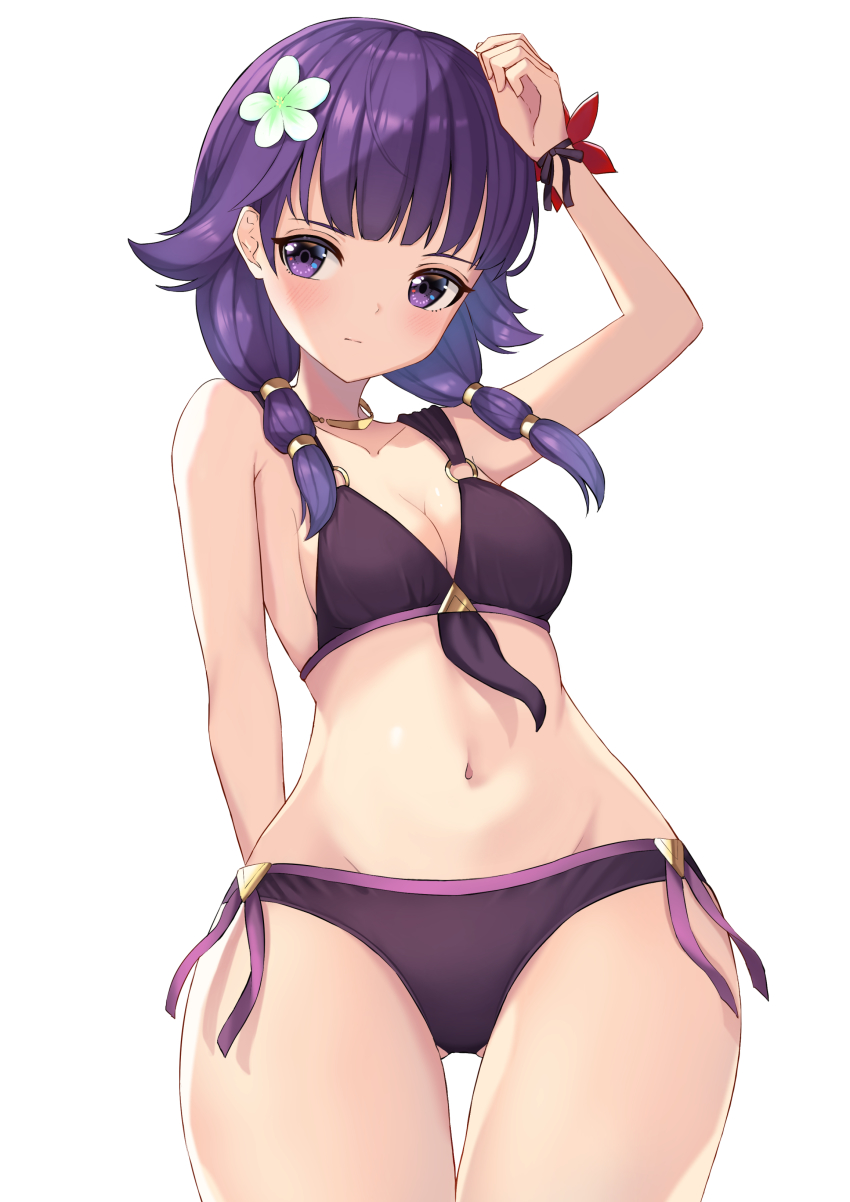 1girl, absurdres, arm_up, bikini, black_bikini, breasts, cleavage, closed_mouth