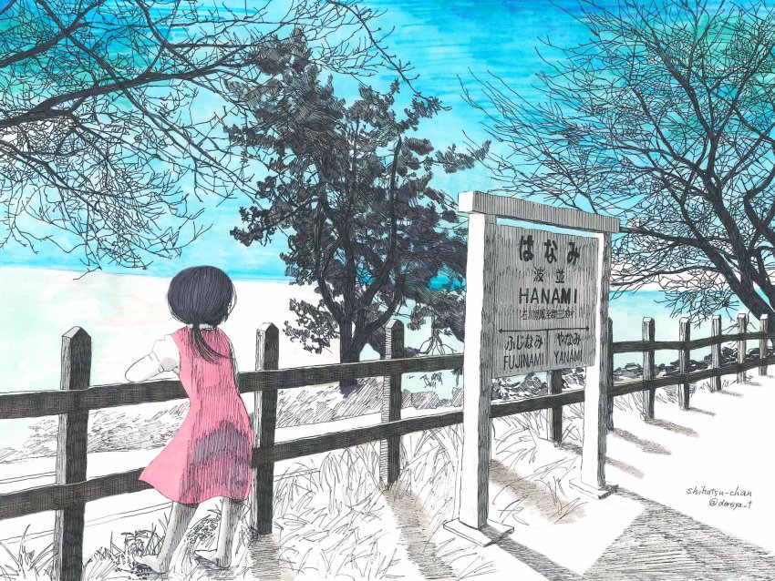 1girl, barefoot, blue_sky, dress, facing_away, female_focus, fence, grass