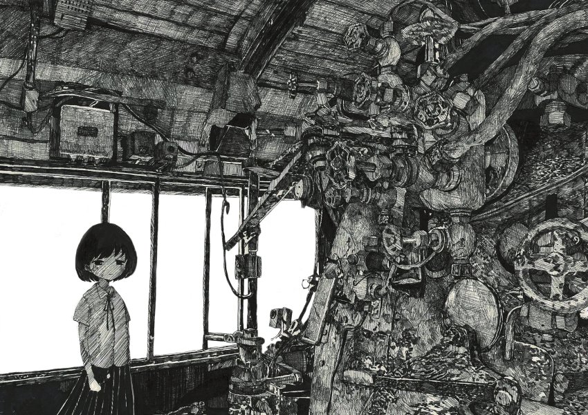 1girl, absurdres, black_hair, crosshatching, engine, feet_out_of_frame, female_focus, greyscale, hatching_(texture), highres, indoors, monochrome, original, shihatsu-chan_(densya_t), shirt, short_hair, short_sleeves, solo, train_interior, upper_body, white_shirt, wide_shot, window