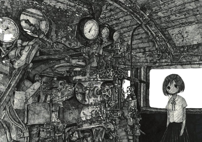 1girl, absurdres, black_eyes, black_hair, crosshatching, female_focus, greyscale, hatching_(texture), highres, indoors, monochrome, no_nose, original, shihatsu-chan_(densya_t), shirt, short_hair, short_sleeves, solo, train_interior, white_shirt, window