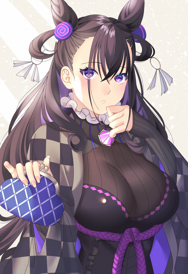 1girl, akapug621, bad_id, bad_pixiv_id, breasts, brown_hair, change_purse, cleavage, cone_hair_bun, double_bun, dress, eyes_visible_through_hair, fate/grand_order, fate_(series), female_focus, hair_bun, large_breasts, long_hair, looking_at_viewer, murasaki_shikibu_(fate), murasaki_shikibu_(second_ascension)_(fate), parted_lips, purple_eyes, solo, upper_body