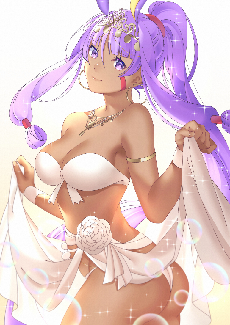 1girl, akapug621, ass, bad_id, bad_pixiv_id, bikini, dark-skinned_female, dark_skin, earrings, facial_mark, fate/grand_order, fate_(series), hoop_earrings, jewelry, long_hair, necklace, nitocris_(fate), nitocris_(fate/grand_order), nitocris_(swimsuit_assassin)_(fate), nitocris_(swimsuit_assassin)_(third_ascension)_(fate), ponytail, purple_eyes, purple_hair, smile, sparkle, swimsuit, tiara, very_long_hair, white_bikini