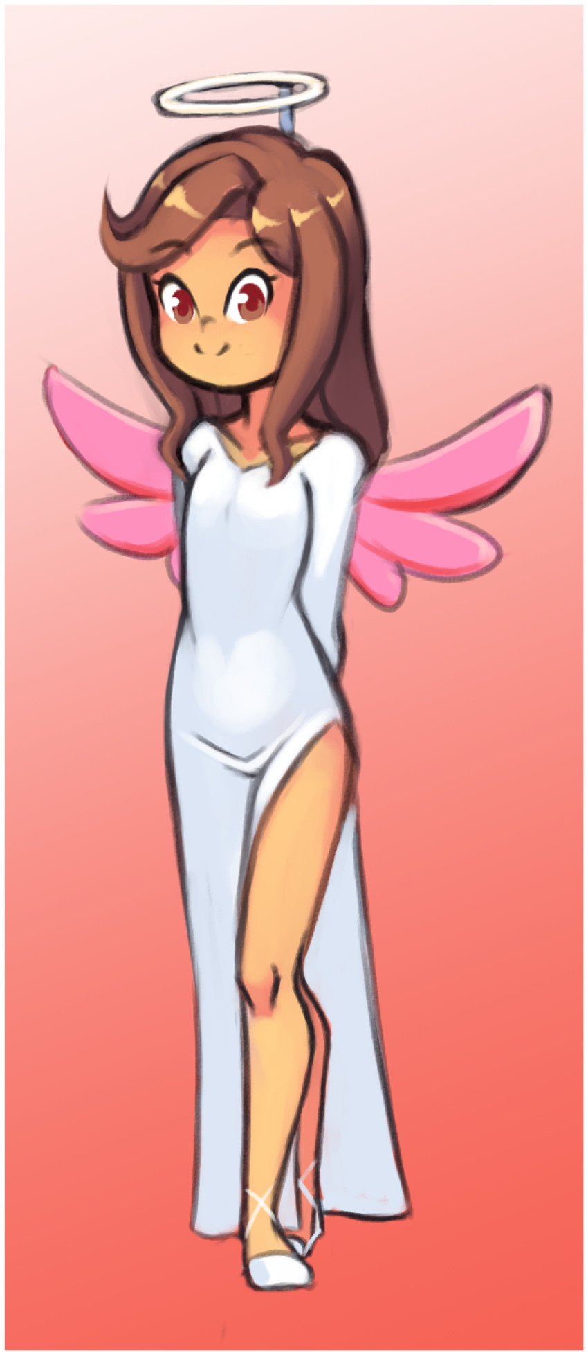 1girl, absurdres, angel, angel_wings, arms_behind_back, breasts, brown_eyes, brown_hair