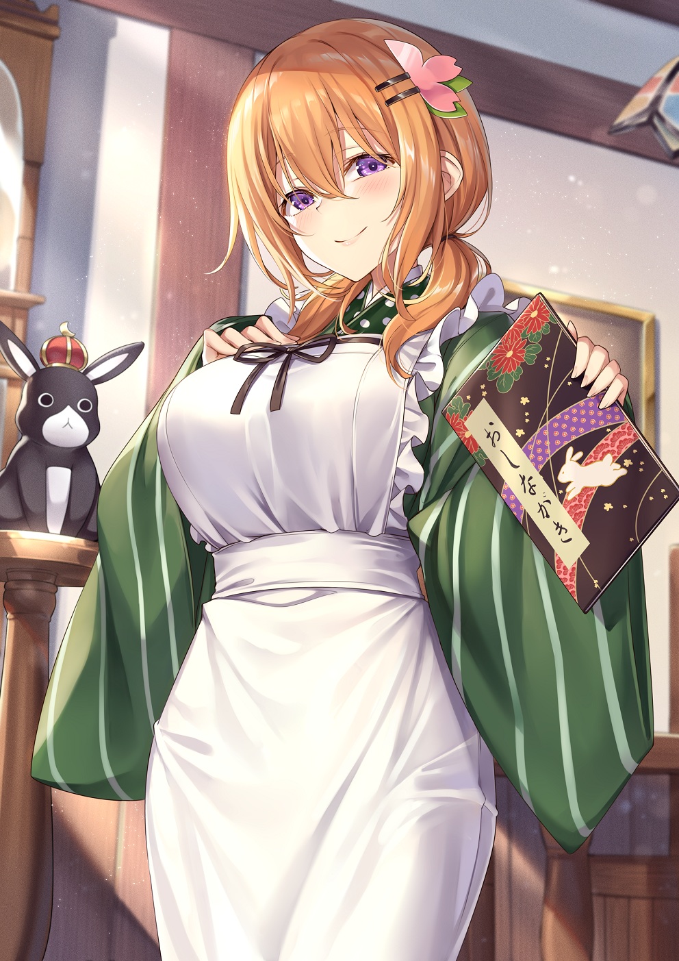 1girl, aged_up, alternate_breast_size_(larger), apron, black_ribbon, blush, breasts, closed_mouth, commentary_request, cosplay, cowboy_shot, crown, female_focus, frilled_apron, frills, gochuumon_wa_usagi_desu_ka?, green_kimono, hair_between_eyes, hair_ornament, hairclip, highres, hoto_cocoa, indoors, japanese_clothes, kimono, ks_(xephyrks), large_breasts, long_hair, long_sleeves, looking_at_viewer, low_twintails, maid, menu, orange_hair, purple_eyes, rabbit, ribbon, smile, solo, striped_sleeves, table, translation_request, twintails, ujimatsu_chiya, ujimatsu_chiya_(cosplay), wa_maid, white_apron, wide_sleeves