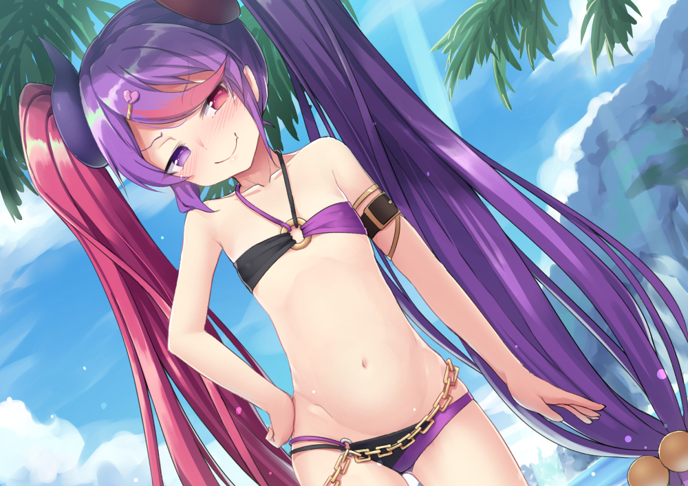 1girl, bare_arms, bare_shoulders, bikini, black_bikini, blue_sky, clip_studio_paint_(medium), cowboy_shot, day, dutch_angle, female_focus, hair_ornament, heterochromia, long_hair, looking_at_viewer, micro_bikini, misaki_(princess_connect!), misaki_(summer)_(princess_connect!), multicolored_bikini, multicolored_hair, naughty_face, navel, outdoors, palm_tree, princess_connect!, purple_bikini, purple_eyes, purple_hair, red_eyes, red_hair, sky, solo, stomach, strapless, strapless_bikini, summer, swimsuit, tree, twintails, umarutsufuri, very_long_hair