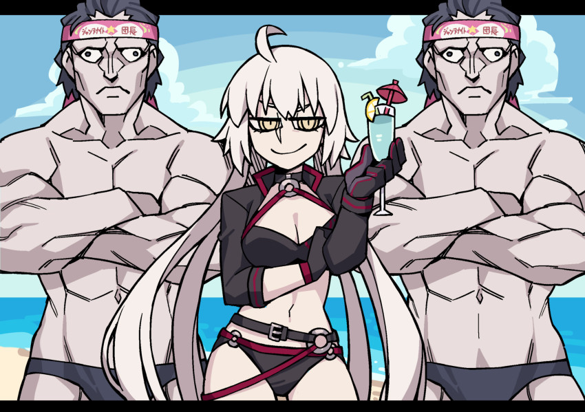 1girl, 2boys, abs, ahoge, alternate_costume, beach, bikini, black_bikini