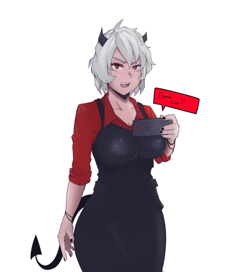1girl, absurdres, breasts, business_suit, cellphone, demon_girl, demon_horns, demon_tail