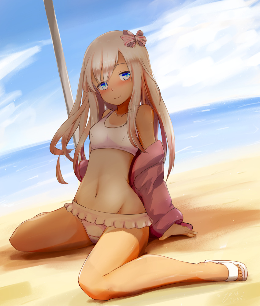 1girl, bikini, blonde_hair, blue_eyes, blue_sky, cloud, collarbone, commentary_request