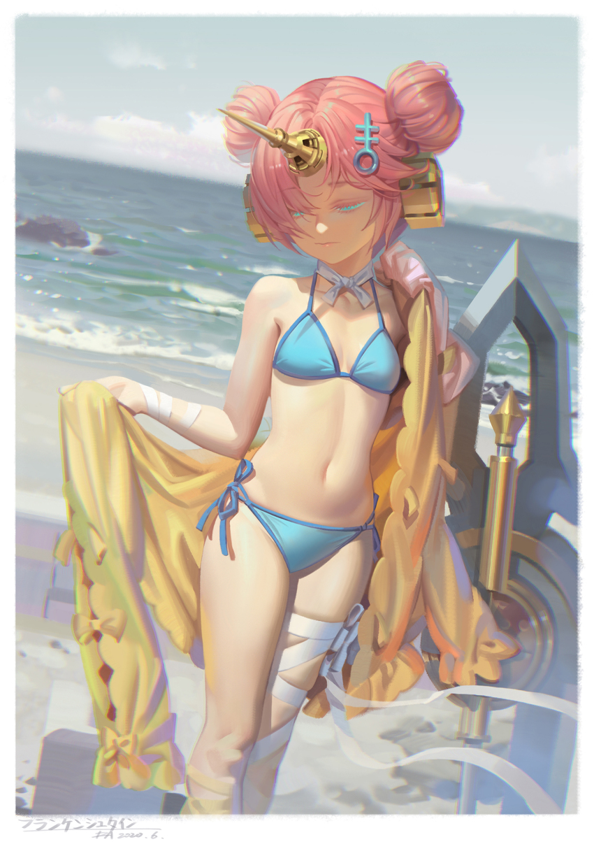 1girl, alphonse_(white_datura), aqua_eyes, bandaged_leg, bandages, bare_shoulders, beach, bikini, blue_bikini, blue_ribbon, blue_sky, border, breasts, dated, day, double_bun, fate/grand_order, fate_(series), feet_out_of_frame, female_focus, frankenstein's_monster_(fate), frankenstein's_monster_(swimsuit_saber)_(fate), frankenstein's_monster_(swimsuit_saber)_(first_ascension)_(fate), gloves, hair_bun, half-closed_eyes, headgear, highres, holding, horizon, horns, looking_away, looking_down, navel, neck_ribbon, ocean, open_clothes, outdoors, parted_bangs, pink_gloves, ribbon, short_hair, side-tie_bikini_bottom, signature, single_glove, single_horn, sky, small_breasts, solo, standing, stomach, swimsuit, swimsuit_cover-up, water, weapon, white_border, white_ribbon