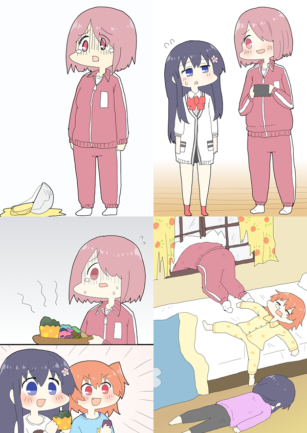 3girls, ashitaba_tomorou, bed, broken_window, cosplay, dropping, gridman_universe, hoshino_hinata