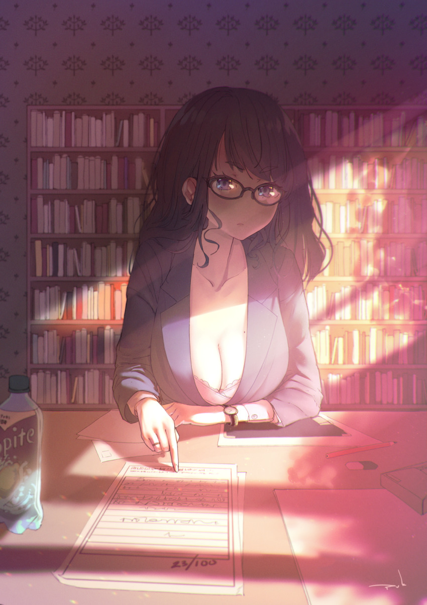 1girl, academic_test, black_hair, blazer, bookshelf, breasts, cleavage, collarbone