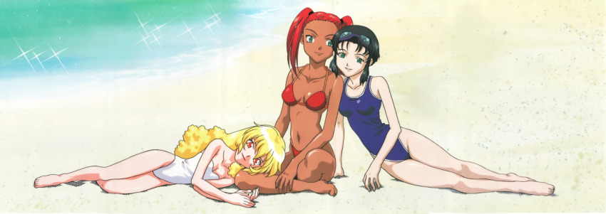 3girls, aqua_eyes, arm_support, barefoot, beach, bikini, black_hair, blonde_hair, blue_one-piece_swimsuit, casual_one-piece_swimsuit, crossover, dark-skinned_female, dark_skin, day, el_hazard, goggles, goggles_on_head, green_eyes, head_rest, kumashiro_sakuya, lap_pillow, long_hair, lying, mahou_shoujo_pretty_sammy, multiple_girls, navel, no_bangs, official_art, on_side, one-piece_swimsuit, outdoors, own_hands_together, pixy_misa, red_bikini, red_eyes, red_hair, shayla-shayla, shin_tenchi_muyou!, short_hair, sitting, smile, strapless, strapless_one-piece_swimsuit, swimsuit, tenchi_muyou!, twintails, white_one-piece_swimsuit