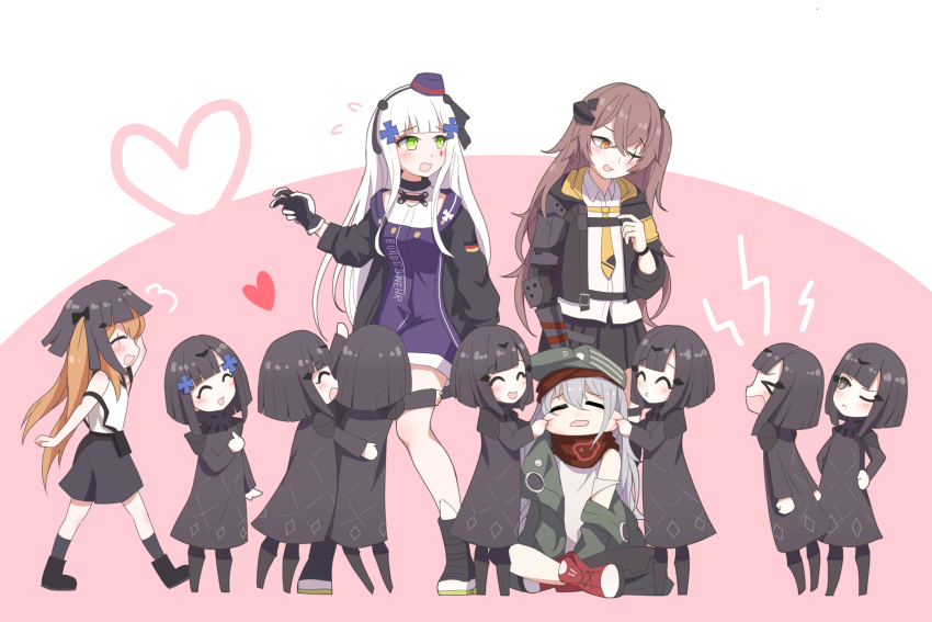 404_(girls'_frontline), 6+girls, absurdres, aged_down, alternate_costume, black_hair, blush, brown_hair