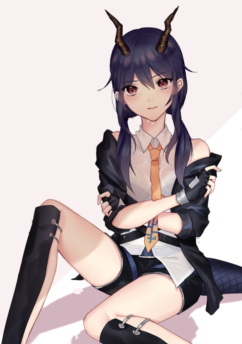 1girl, arknights, bad_id, bad_pixiv_id, black_gloves, black_jacket, black_shorts, blue_hair