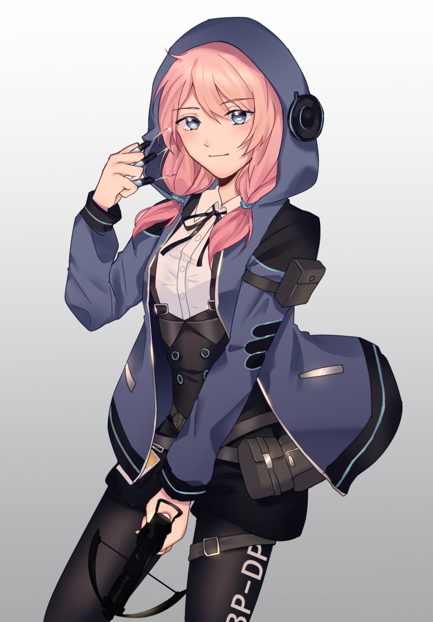 1girl, arknights, bad_id, bad_pixiv_id, belt_pouch, between_fingers, black_pantyhose, black_ribbon