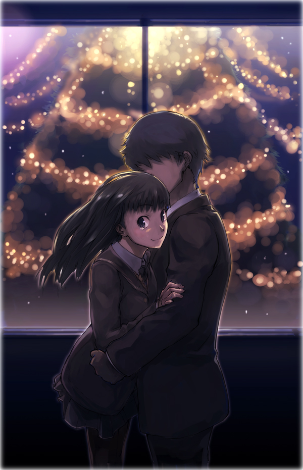 1boy, 1girl, amagami, ayatsuji_tsukasa, christmas, christmas_tree, couple, hetero