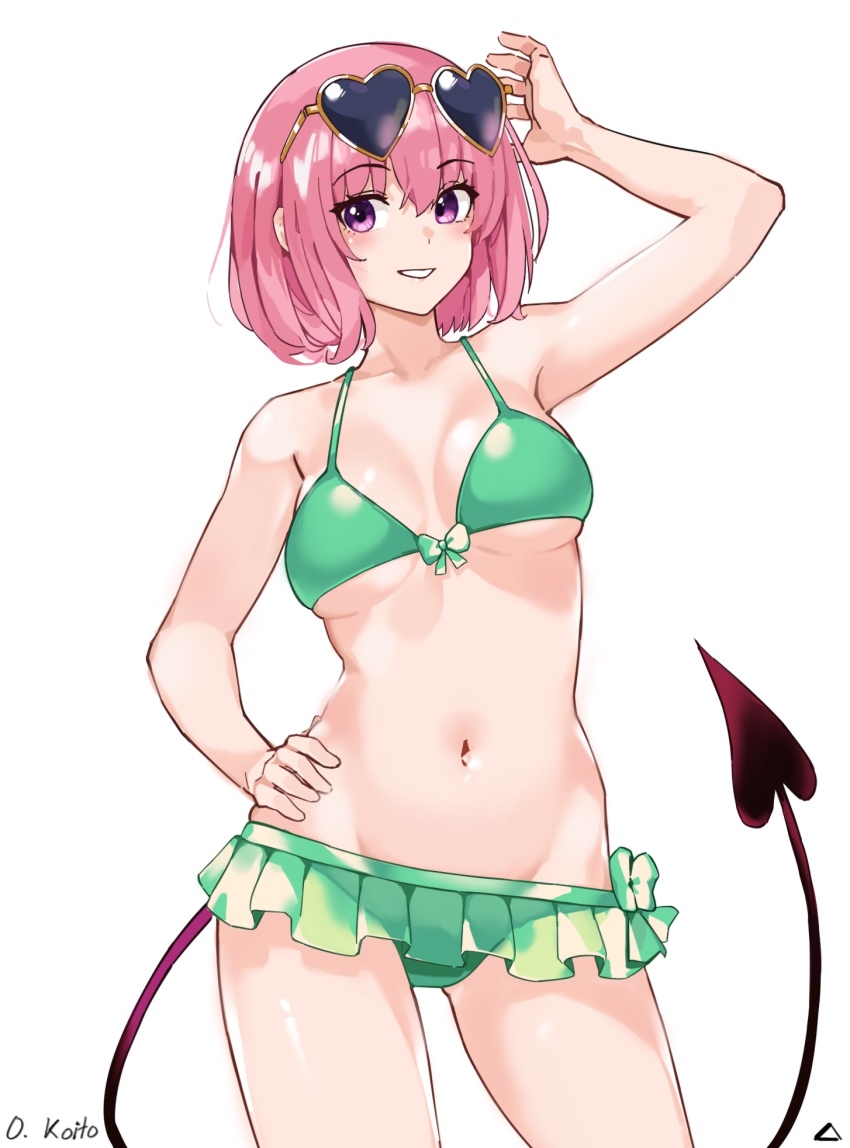 1girl, bikini, blush, breasts, demon_tail, eyewear_on_head, female_focus, frilled_bikini