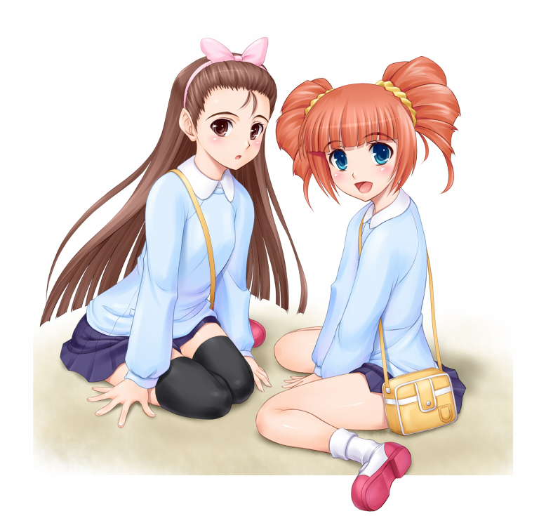 2girls, amane_(funfun), bag, black_thighhighs, blue_eyes, blush, brown_eyes, brown_hair