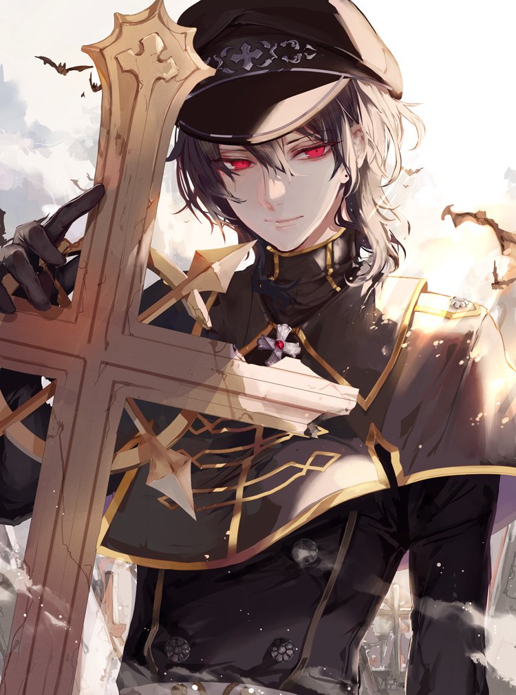 1boy, bat_(animal), black_gloves, black_hair, black_headwear, buttons, celtic_cross, closed_mouth, commentary_request, cross, ensemble_stars!, fuyuomi, gloves, hair_between_eyes, hat, light_smile, looking_at_viewer, male_focus, peaked_cap, red_eyes, sakuma_rei_(ensemble_stars!), short_hair, turtleneck, upper_body