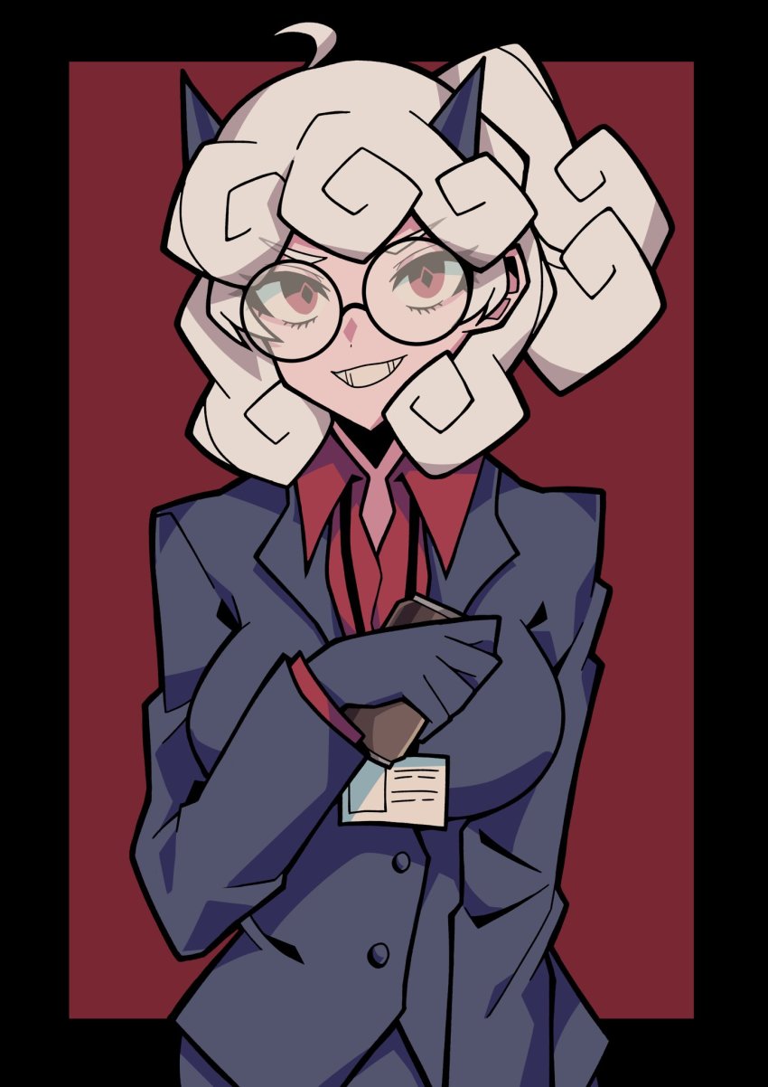 1girl, black_gloves, black_horns, breasts, business_suit, demon_girl, demon_horns, female_focus, formal_clothes, glasses, gloves, grin, helltaker, highres, horns, id_card, large_breasts, long_sleeves, pandemonica_(helltaker), ponytail, red_eyes, red_shirt, rirashi, round_eyewear, shirt, simple_background, smile, solo, suit, two-tone_background, upper_body, white_hair