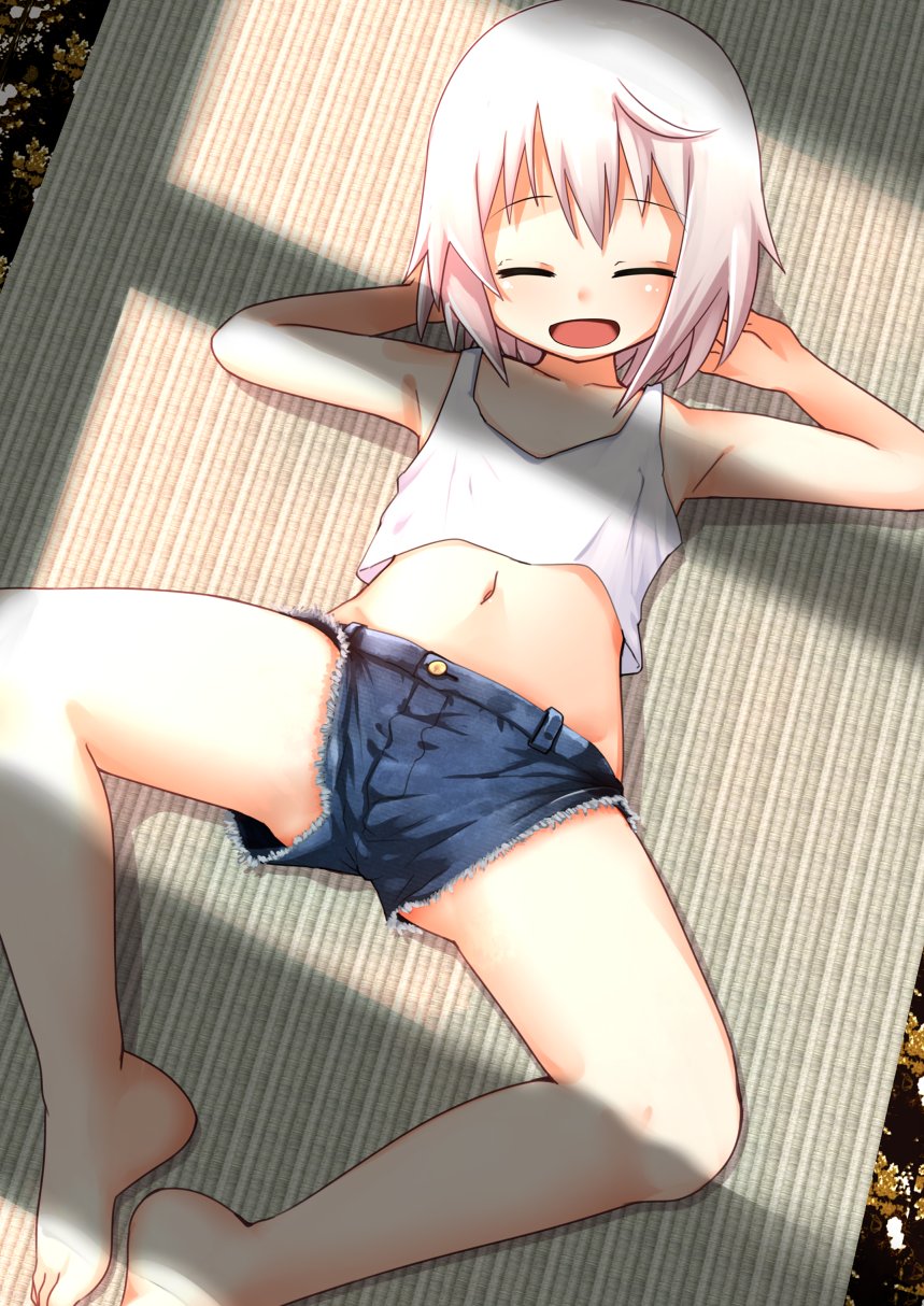 1girl, arms_behind_head, bare_shoulders, blush, denim, denim_shorts, female_focus, flat_chest