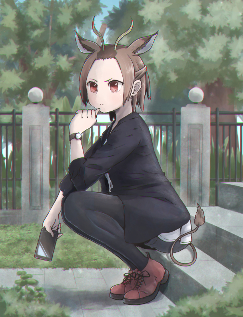 1girl, alternate_costume, animal_ears, antelope_ears, antelope_horns, arm_rest, black_pantyhose, black_shirt, brown_hair, casual, cellphone, closed_mouth, contemporary, day, extra_ears, female_focus, forehead, from_side, full_body, hand_on_own_chin, hand_up, highres, holding, holding_phone, horns, kemono_friends, kotobukkii_(yt_lvlv), looking_afar, multicolored_hair, outdoors, pantyhose, pantyhose_under_shorts, phone, red_eyes, red_shoes, serious, shirt, shoes, short_hair, shorts, sidelocks, sitting, smartphone, solo, stairs, tail, thinking, topi_(kemono_friends), two-tone_hair, watch, wristwatch