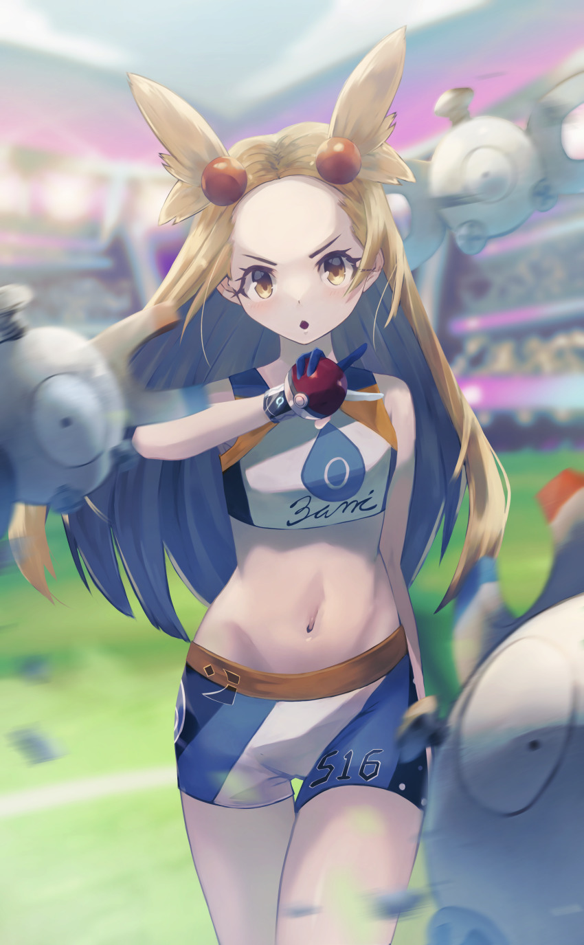 1girl, absurdres, almico, alternate_costume, brown_eyes, brown_hair, cosplay, dynamax_band, gen_1_pokemon, gym_leader, hair_ornament, highres, huge_filesize, jasmine_(pokemon), magnemite, midriff, navel, nessa_(pokemon), nessa_(pokemon)_(cosplay), nintendo, poke_ball, poke_ball_(basic), pokemon, pokemon_heartgold_and_soulsilver, pokemon_sword_and_shield, shorts, solo_focus, sports_bra, stadium