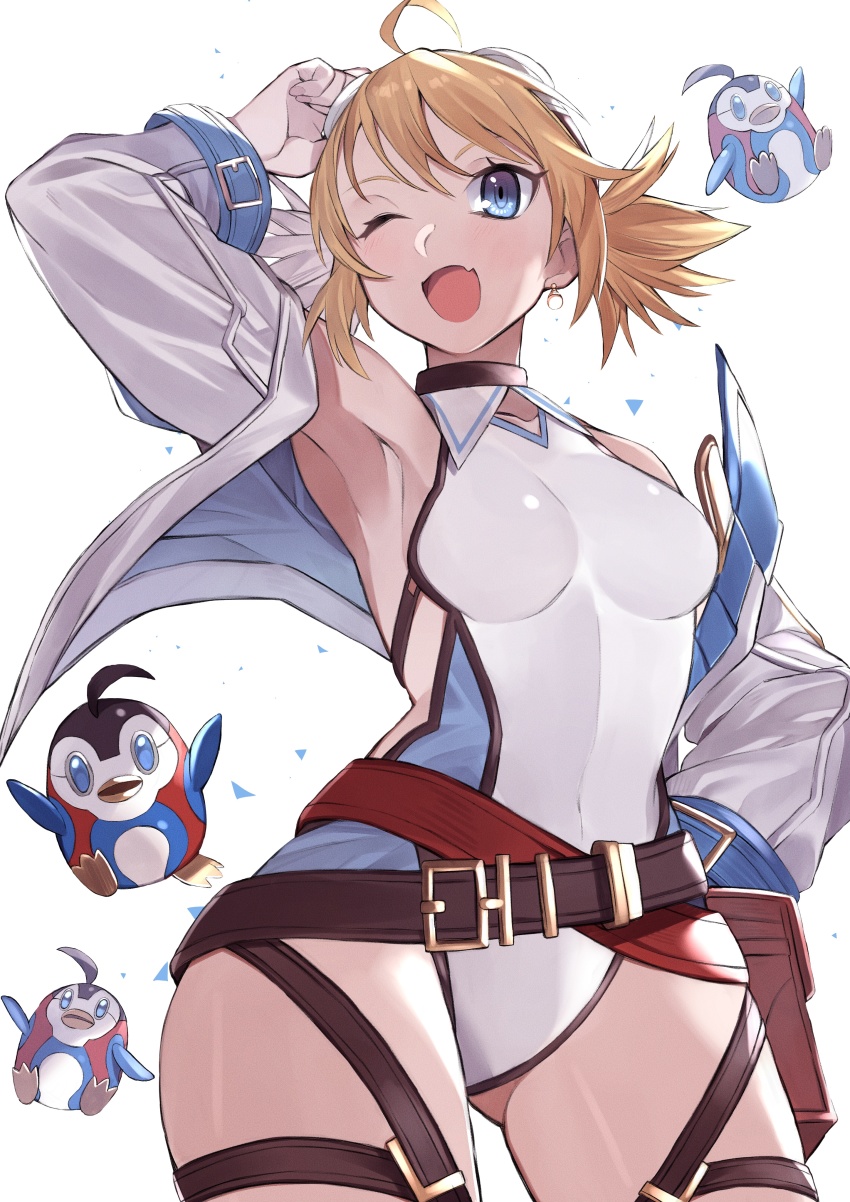 1girl, absurdres, ahoge, armpits, belt, bird, blonde_hair, blue_eyes
