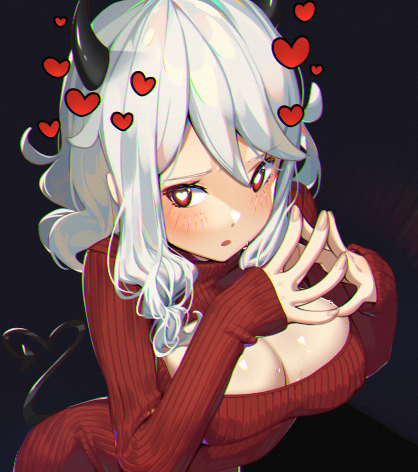 1girl, :o, black_background, black_horns, black_tail, blush, breasts, cleavage, commentary, covered_erect_nipples, demon_girl, demon_horns, demon_tail, female_focus, fingernails, fingers_together, hair_between_eyes, hands_up, heart, heart-shaped_pupils, heart_tail, heattech_leotard, helltaker, highleg, highleg_leotard, highres, horns, large_breasts, leotard, long_sleeves, looking_at_viewer, medium_hair, modeus_(helltaker), open-chest_sweater, open_mouth, red_eyes, red_leotard, red_sweater, rhnano, ribbed_leotard, ribbed_sweater, shiny_skin, sidelocks, sleeves_past_wrists, solo, sweater, symbol-shaped_pupils, tail, tail_raised, turtleneck, white_hair