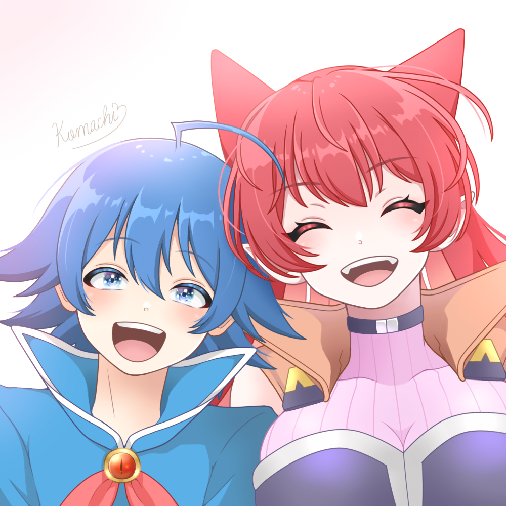 1boy, 1girl, :d, ahoge, azazel_ameri, babyls_school_uniform, blue_eyes, blue_hair