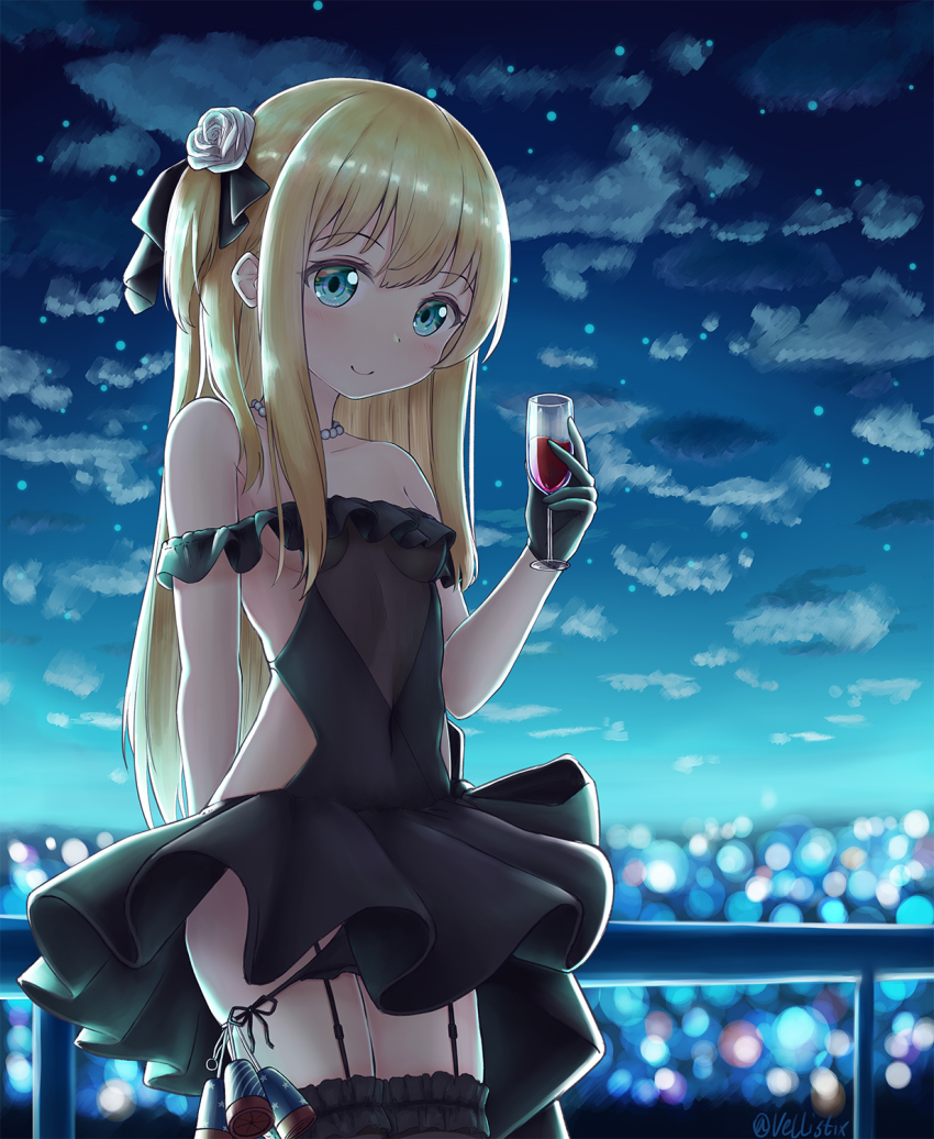 1girl, albacore_(azur_lane), albacore_(azur_lane)_(cosplay), albacore_(beneath_the_black_dress)_(azur_lane), arm_behind_back, azur_lane, bare_shoulders, black_dress, black_gloves, black_panties, black_thighhighs, blonde_hair, blue_eyes, borrowed_character, breasts, city, cloud, cosplay, covered_navel, cup, dress, drinking_glass, female_focus, flower, frilled_dress, frills, garter_straps, gloves, hair_flower, hair_ornament, highres, horizon, jewelry, lights, long_hair, necklace, night, off_shoulder, original, outdoors, panties, panties_over_garter_belt, panty_pull, pearl_necklace, railing, shimotsuki_potofu, short_dress, side-tie_panties, side_ponytail, sky, small_breasts, smile, solo, star_(sky), thighhighs, thighs, underwear, vellistix