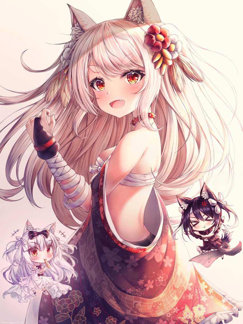 3girls, absurdres, alternate_costume, animal_ear_fluff, animal_ears, animated, azur_lane, bandages