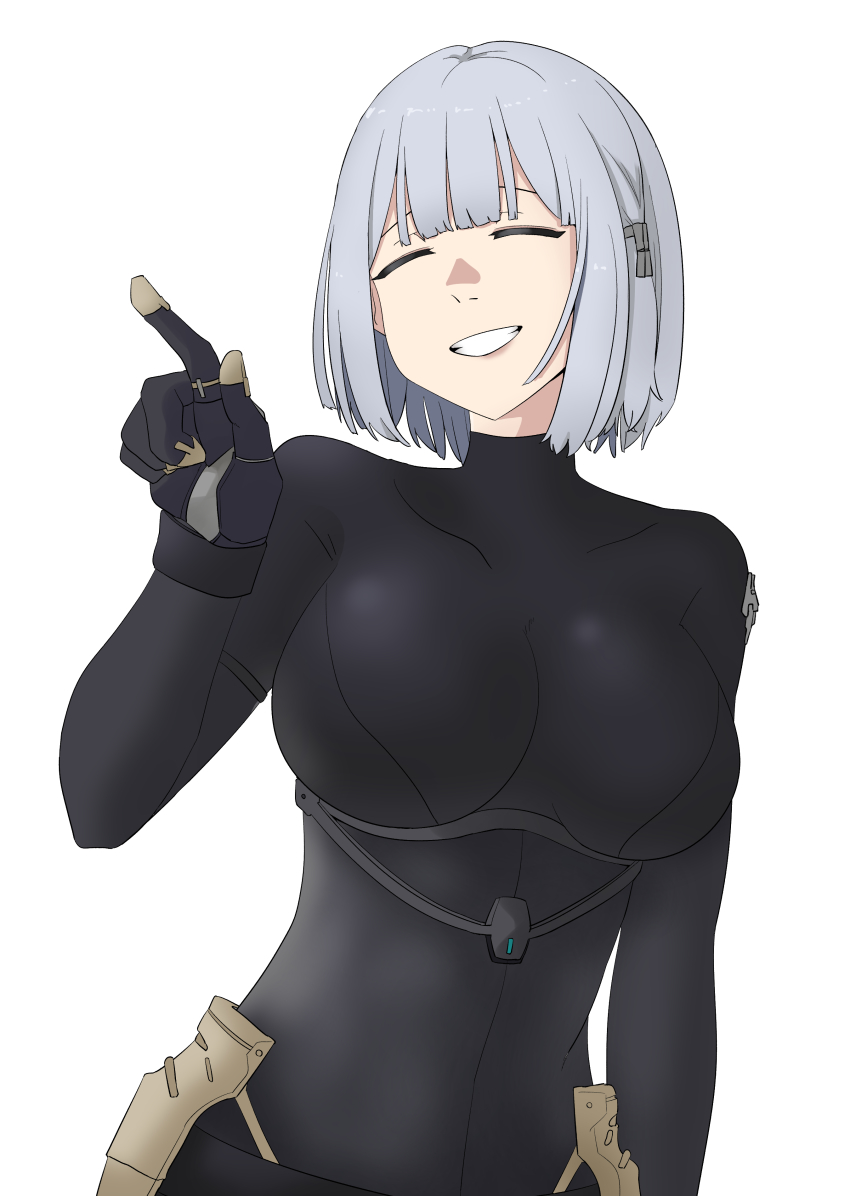 1girl, absurdres, bad_id, bad_pixiv_id, black_gloves, bodysuit, breasts, closed_eyes, defy_(girls'_frontline), female_focus, fingerless_gloves, girls'_frontline, gloves, grey_hair, highres, medium_breasts, natawaru, open_mouth, rpk-16_(girls'_frontline), short_hair, smile, solo, white_background