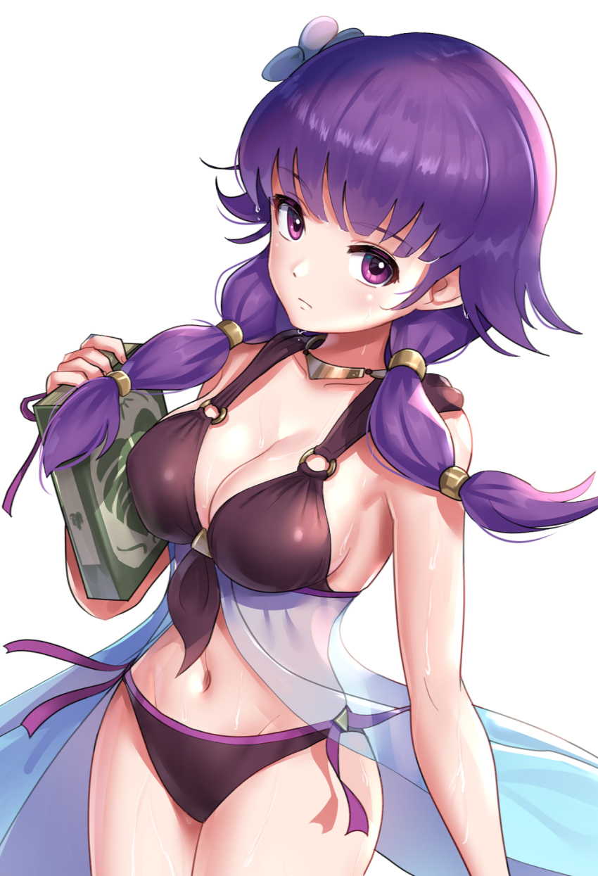 1girl, bare_shoulders, bikini, blush, book, breasts, cleavage, closed_mouth, collarbone, commentary_request, expressionless, female_focus, fire_emblem, fire_emblem:_the_sacred_stones, fire_emblem_heroes, flower, gonzarez, hair_flower, hair_ornament, highres, holding, holding_book, looking_at_viewer, lute_(fire_emblem), lute_(summer)_(fire_emblem), medium_breasts, navel, nintendo, purple_eyes, purple_hair, shiny_clothes, shiny_skin, solo, stomach, sweat, sweatdrop, swimsuit, thighs