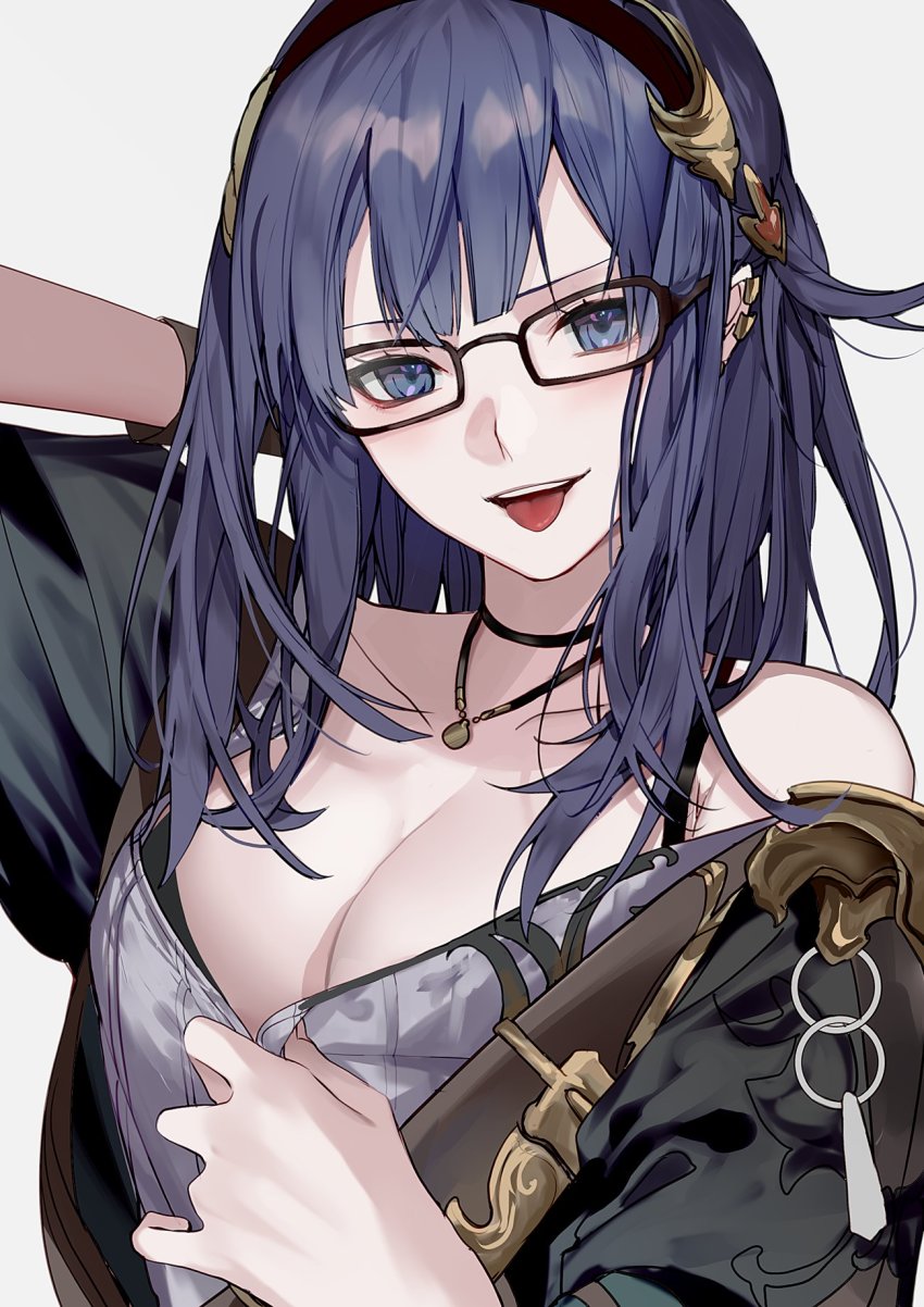 1girl, arm_behind_head, black_hair, blue_eyes, breasts, cleavage, ear_piercing, glasses