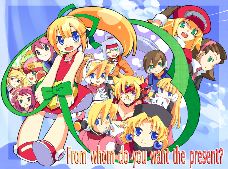 00s, 6+girls, aile_(mega_man_zx), alia_(mega_man), alouette_(mega_man), aqua_hair, ashe_(mega_man), blonde_hair, blue_eyes, brown_hair, newsboy_cap, capcom, child, ciel_(mega_man), english_text, everyone, green_eyes, hair_between_eyes, hat, kalinka_cossack_(mega_man), luna_platz_(mega_man), marty_(mega_man), mayl_sakurai_(mega_man), mega_man_(classic), mega_man_(series), mega_man_battle_network, mega_man_battle_network_(series), mega_man_legends_(series), mega_man_star_force_(series), mega_man_x_(manga), mega_man_x_(series), mega_man_zero_(series), mega_man_zx, mega_man_zx_advent, multiple_girls, own_hands_clasped, own_hands_together, ponytail, red_skirt, roll.exe_(mega_man), roll_(mega_man), roll_caskett_(mega_man), shigehiro_(hiroi_heya), skirt, sonia_strumm_(mega_man), tron_bonne_(mega_man)